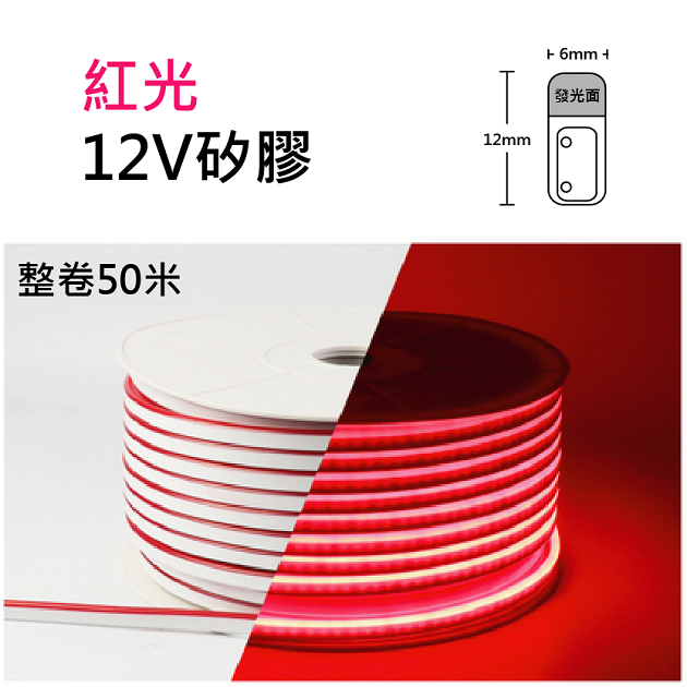紅光-帶皮色6×12mm/12V/120燈/可2.5cm剪/一米10W-2835進口硅膠柔性燈帶-IP65